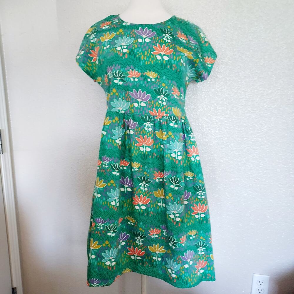 Gudrun Sjoden Green Floral Boho Short Sleeve Cotton Shift Dress Size S